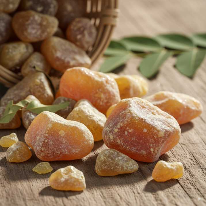 Close up high-resolution shot of translucent amber-colored acacia gum crystals on a clean white surface with soft scientific lighting