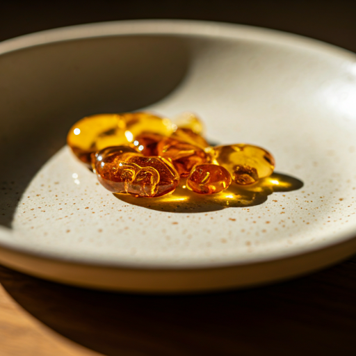 Close-up of golden amber Gum Arabic resin pieces on a ceramic plate